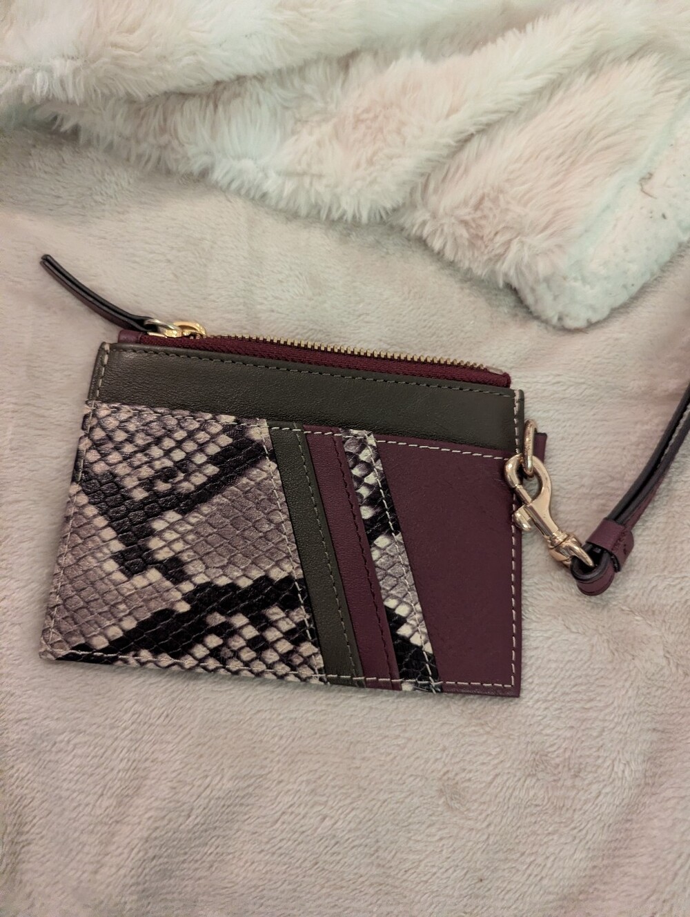 Wristlet Card Holder with Snake-Print Accent in Mauve and Olive